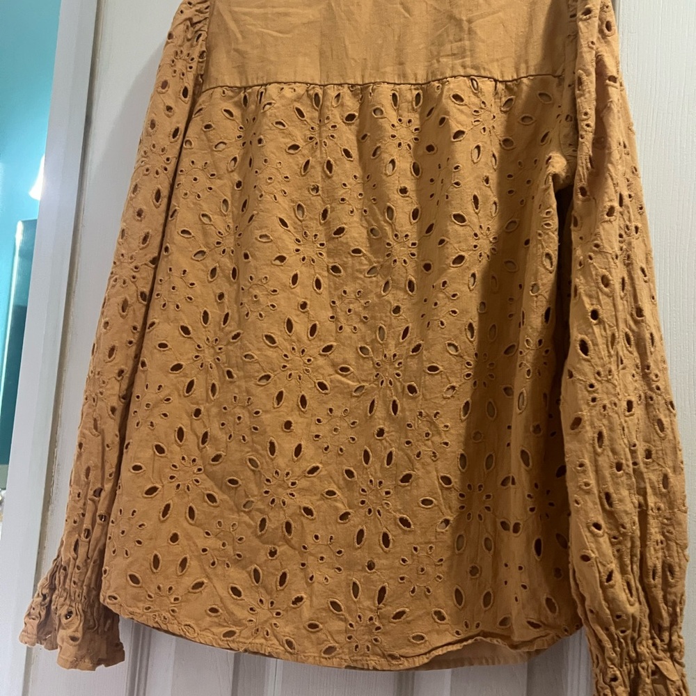 Eyelet Ruffle V-Neck Blouse in dark mustard - Picture 2 of 2